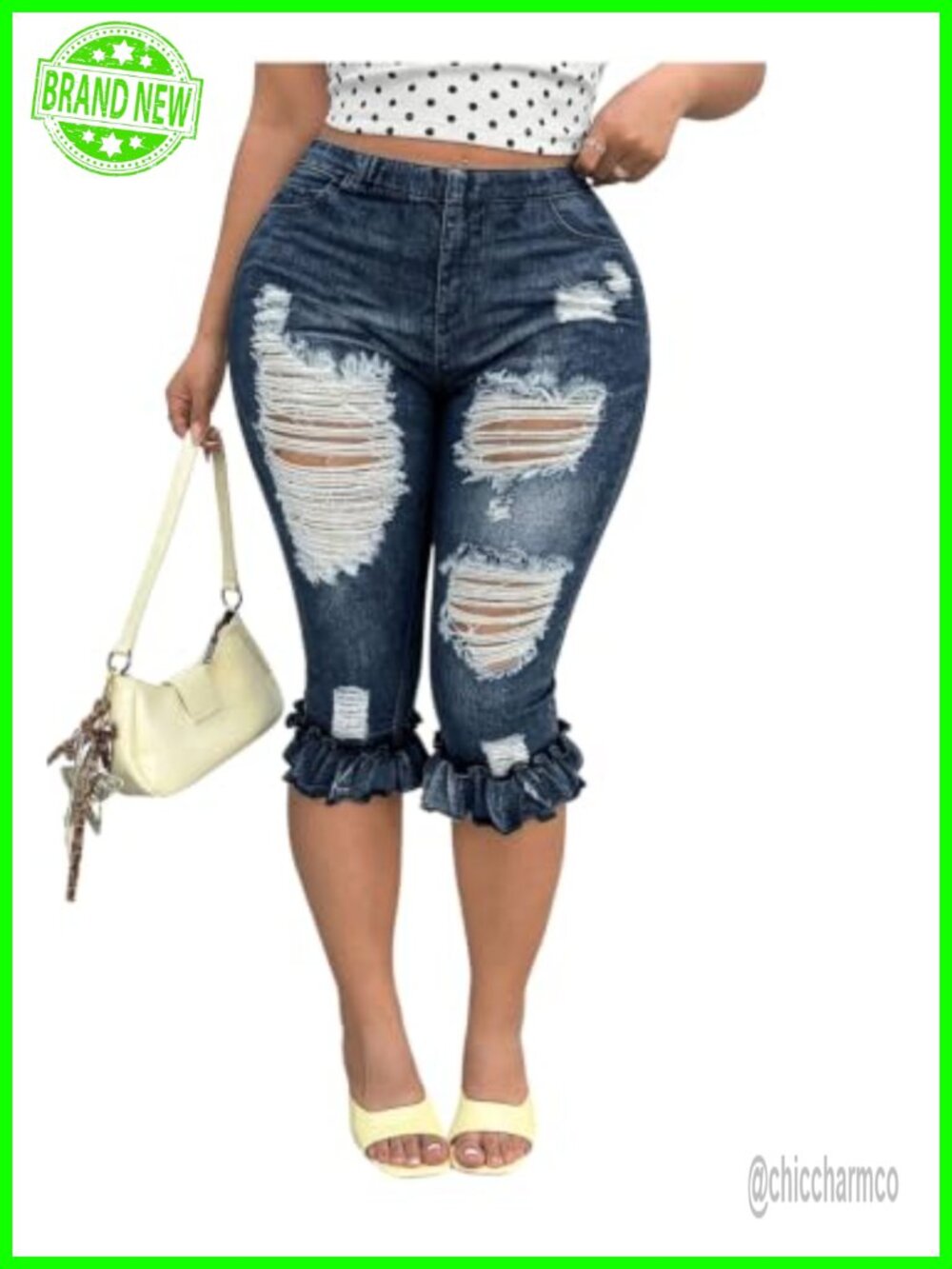 Plus Size Ripped Distressed Capri Jeans Ruffle Elastic Waist Skinny Denim Pants